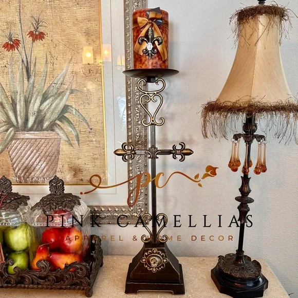 Bronze Fleur de Lis Candle Holder with Intricate Scrollwork
